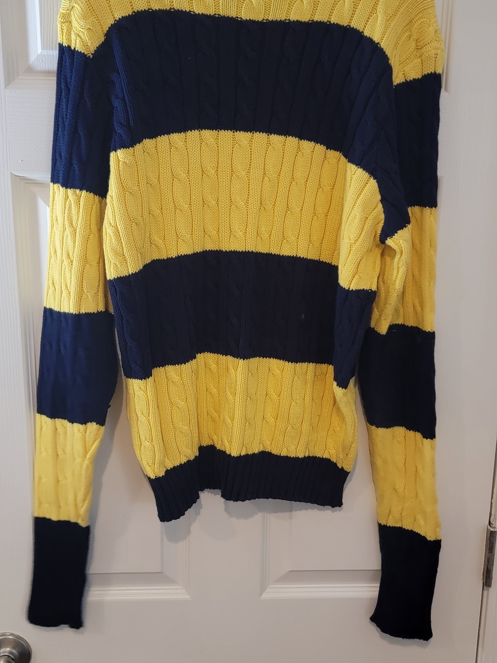 Ralph Lauren Yellow and Navy Striped Cable-Knit Crewneck Sweater